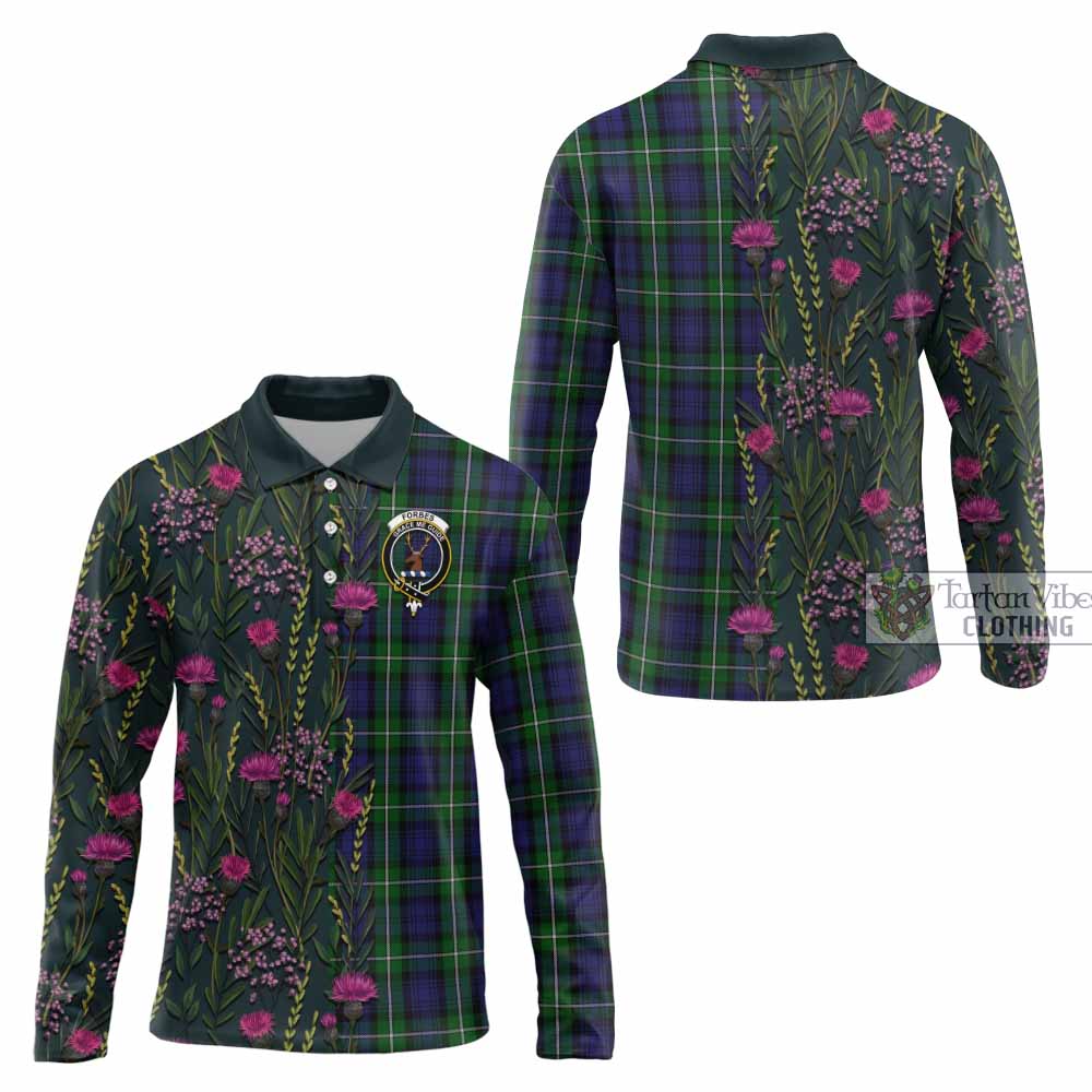 Forbes Family Crest Tartan Long Sleeve Polo Shirt Scottish Thistle Flower Pattern Half Style - Tartan Vibes Clothing