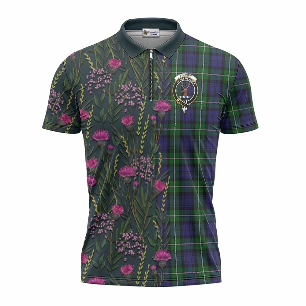Forbes Family Crest Tartan Zipper Polo Shirt Scottish Thistle Flower Pattern Half Style - Tartan Vibes Clothing