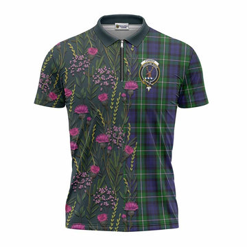 Forbes Family Crest Tartan Zipper Polo Shirt Scottish Thistle Flower Pattern Half Style