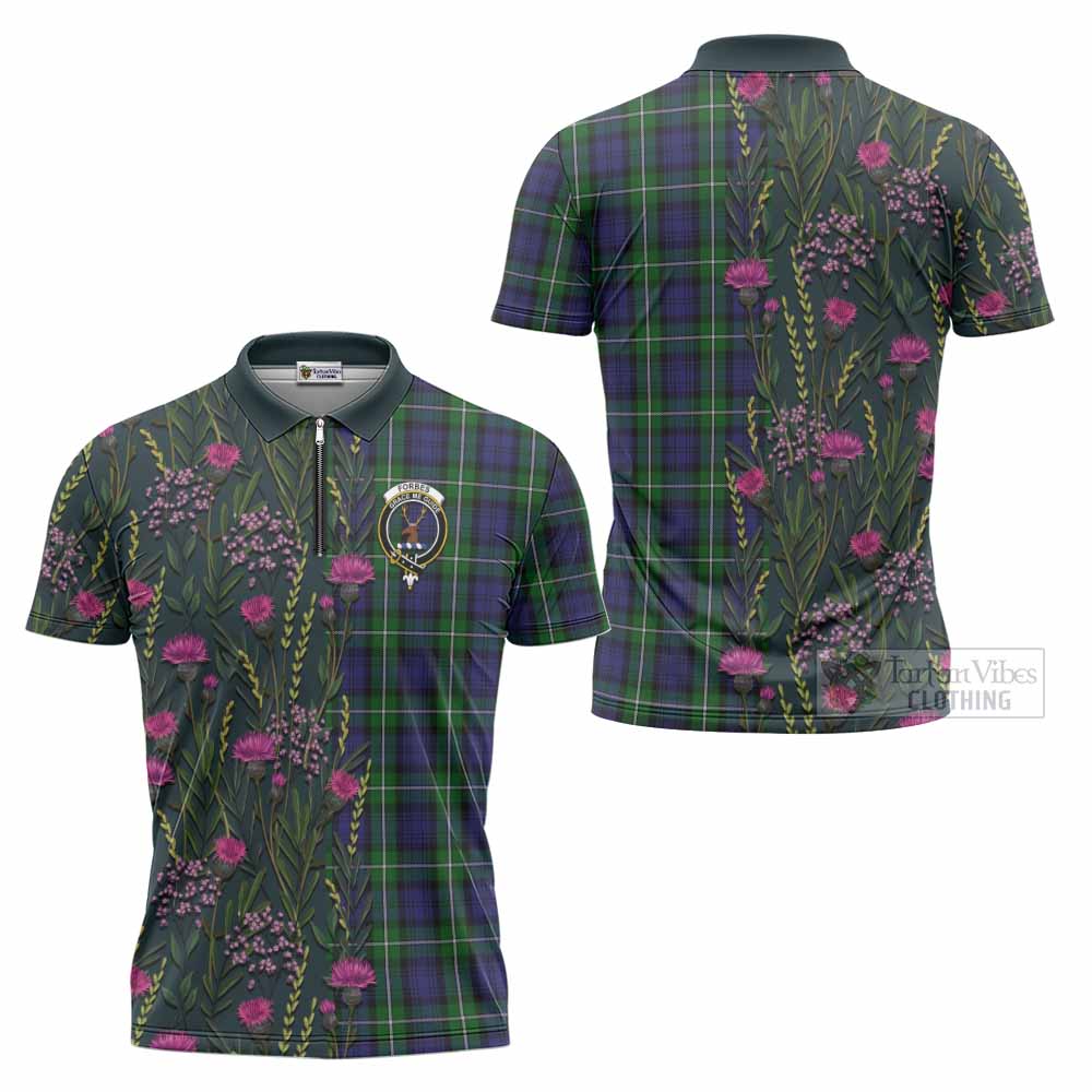 Forbes Family Crest Tartan Zipper Polo Shirt Scottish Thistle Flower Pattern Half Style - Tartan Vibes Clothing