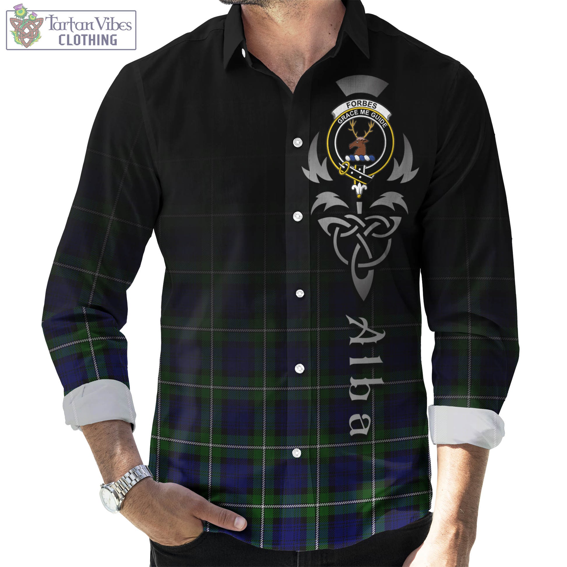 Tartan Vibes Clothing Forbes Modern Tartan Long Sleeve Button Up Featuring Alba Gu Brath Family Crest Celtic Inspired