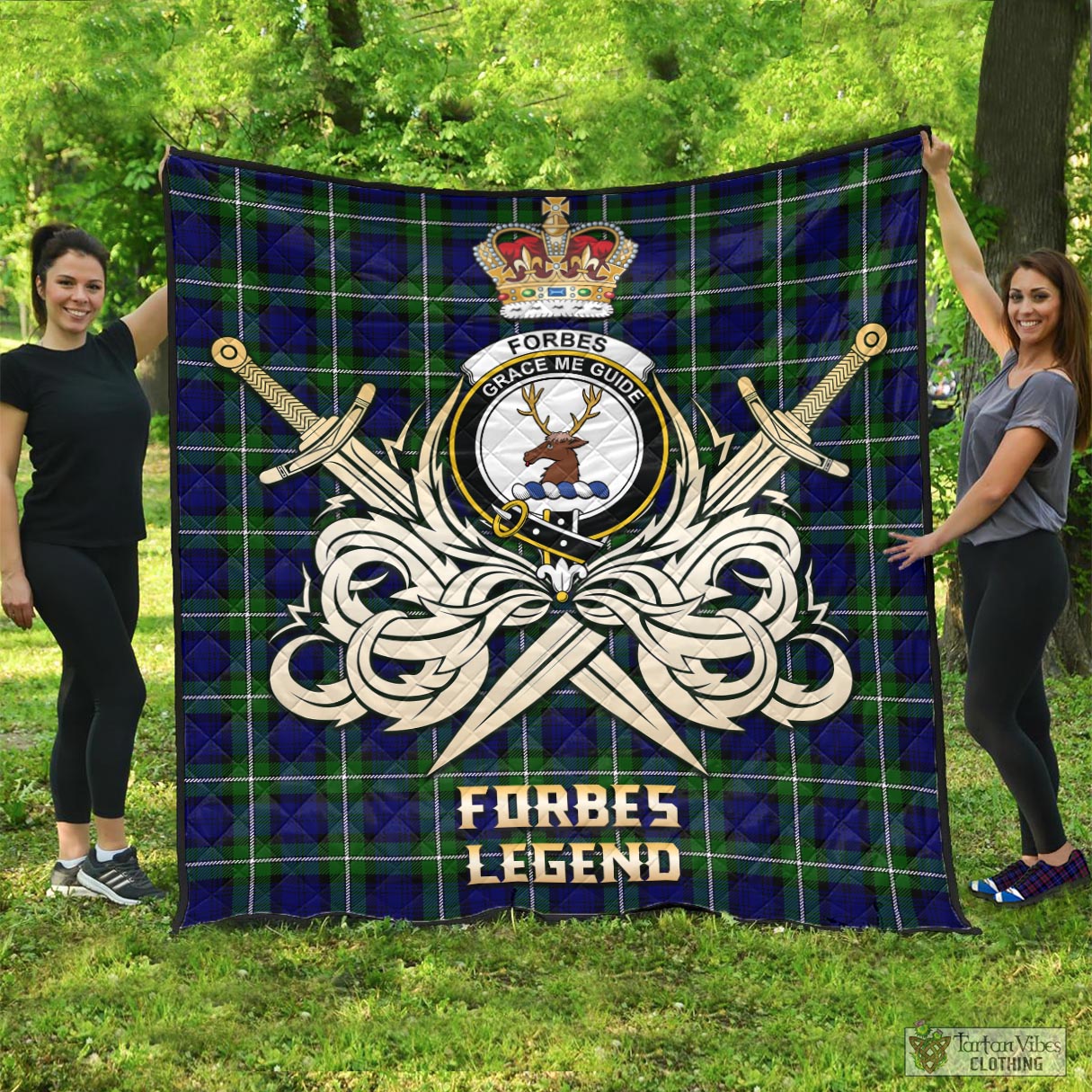 Tartan Vibes Clothing Forbes Modern Tartan Quilt with Clan Crest and the Golden Sword of Courageous Legacy
