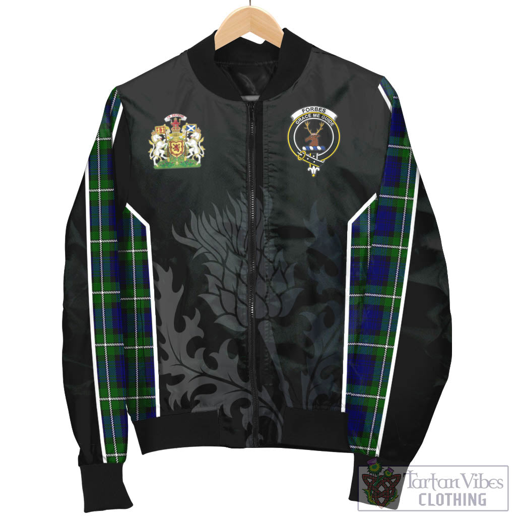 Tartan Vibes Clothing Forbes Modern Tartan Bomber Jacket with Family Crest and Scottish Thistle Vibes Sport Style