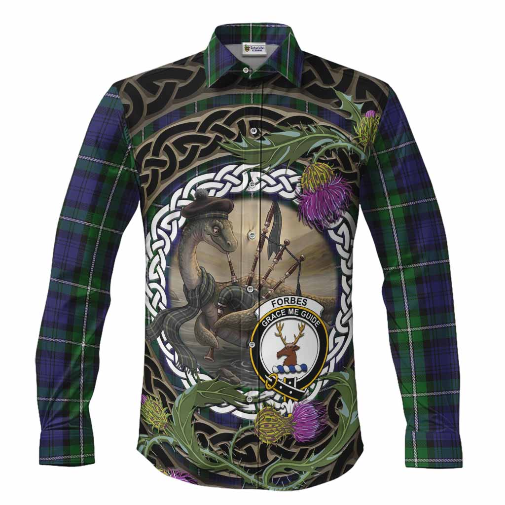 Forbes Tartan Crest Bagpipe Nessie Long Sleeve Button Shirts Scottish Loch Ness Monster Celtic Thistle