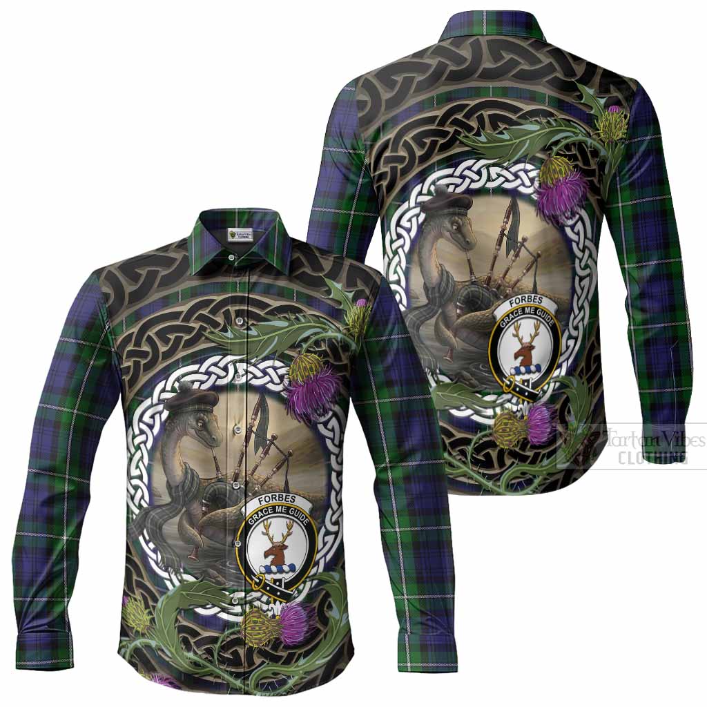 Forbes Tartan Crest Bagpipe Nessie Long Sleeve Button Shirts Scottish Loch Ness Monster Celtic Thistle