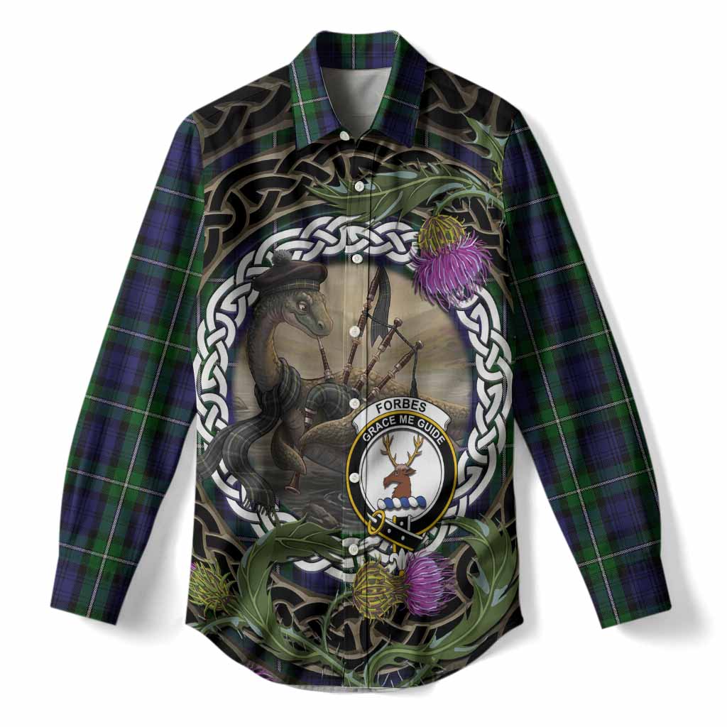 Forbes Tartan Crest Bagpipe Nessie Women Casual Shirt Scottish Loch Ness Monster Celtic Thistle
