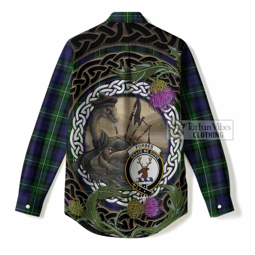 Forbes Tartan Crest Bagpipe Nessie Women Casual Shirt Scottish Loch Ness Monster Celtic Thistle