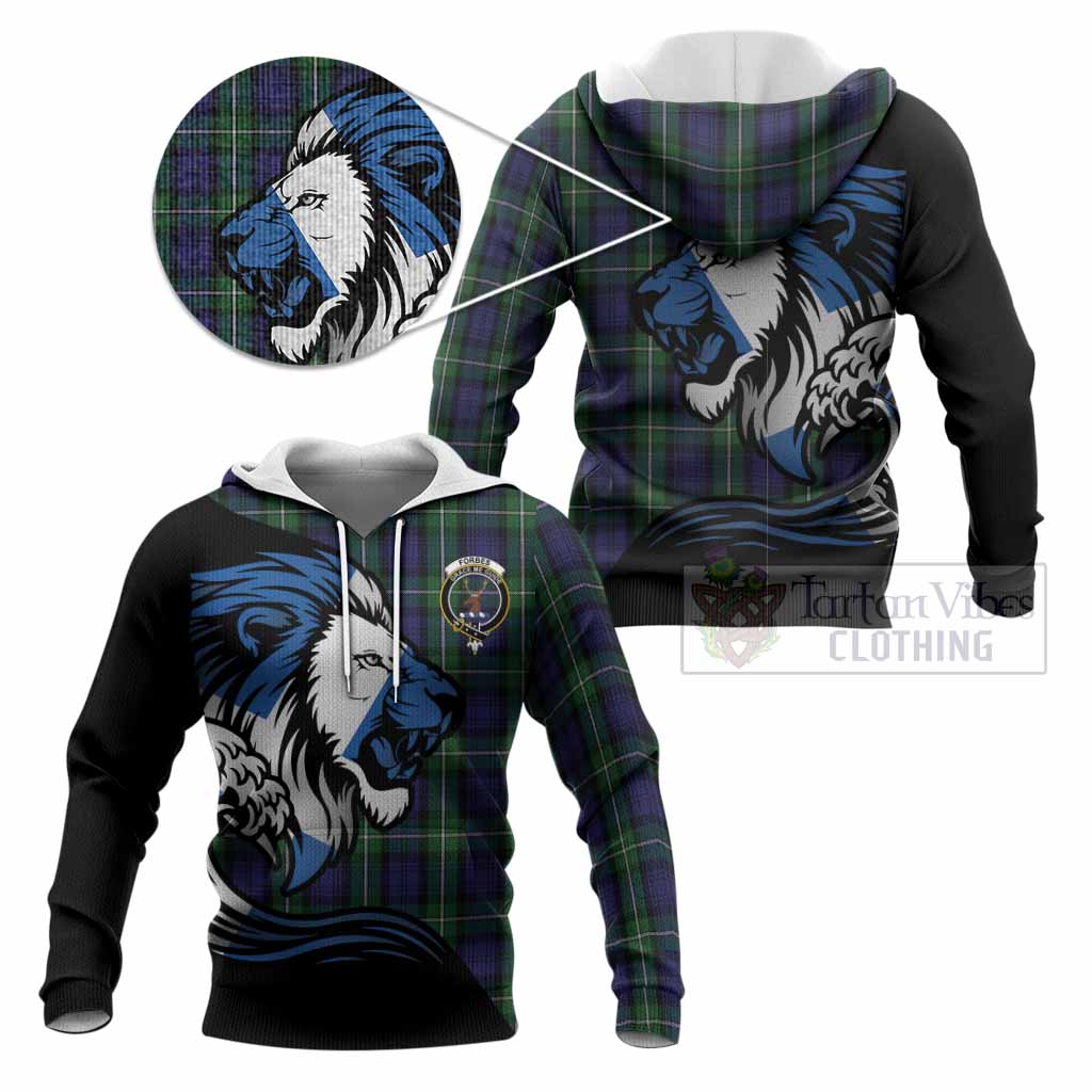 Forbes Tartan Crest Knitted Hoodie Scottish Golden Lions Wave Flow