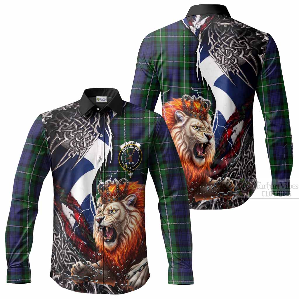 Forbes Tartan Crest Long Sleeve Button Shirts Heritage Flag Grunge Celtic Knot and Lion Rampant