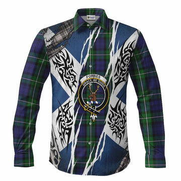 Forbes Tartan Crest Long Sleeve Button Shirts Scotland Flag Ripped Tribal Design