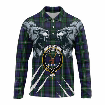 Forbes Tartan Crest Long Sleeve Polo Shirt Ferocious Lion Style