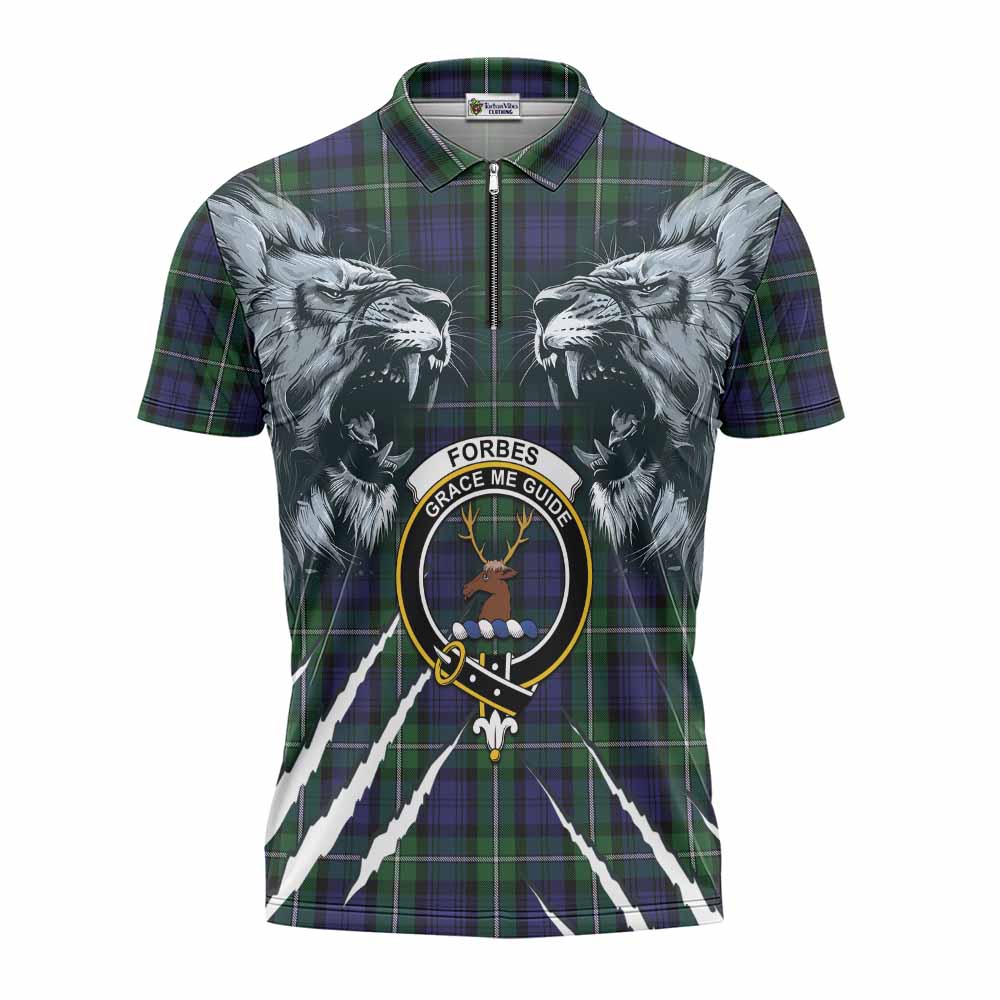 Forbes Tartan Crest Zipper Polo Shirt Ferocious Lion Style