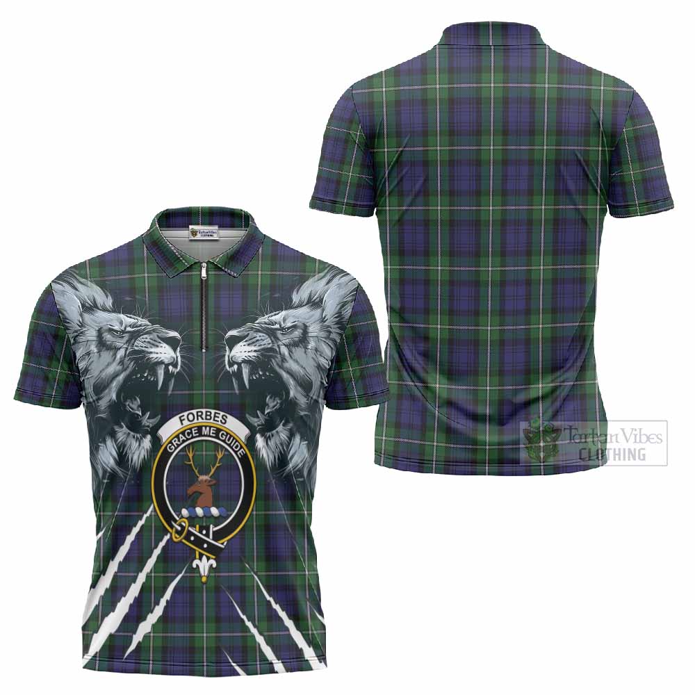 Forbes Tartan Crest Zipper Polo Shirt Ferocious Lion Style