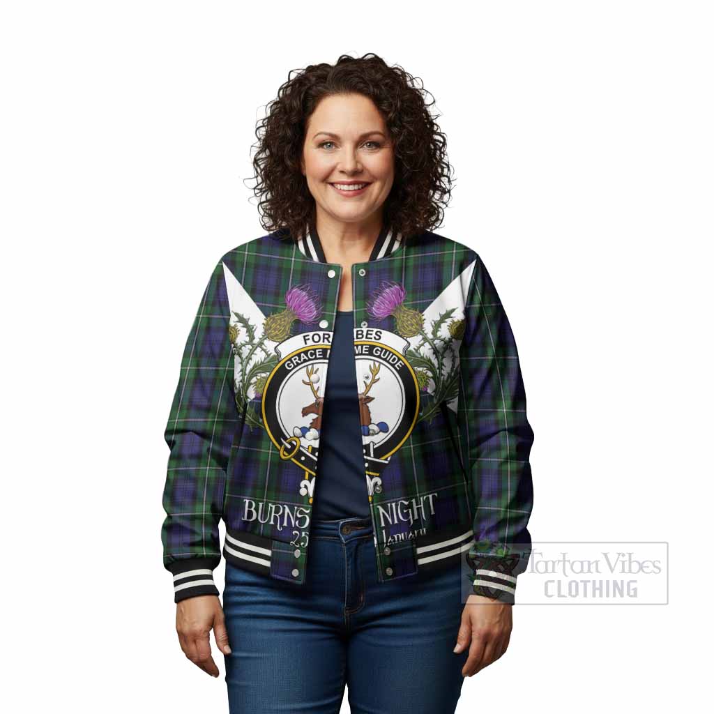 Forbes Tartan Family Crest Baseball Jacket Scottish Burns Night Thistle Floral