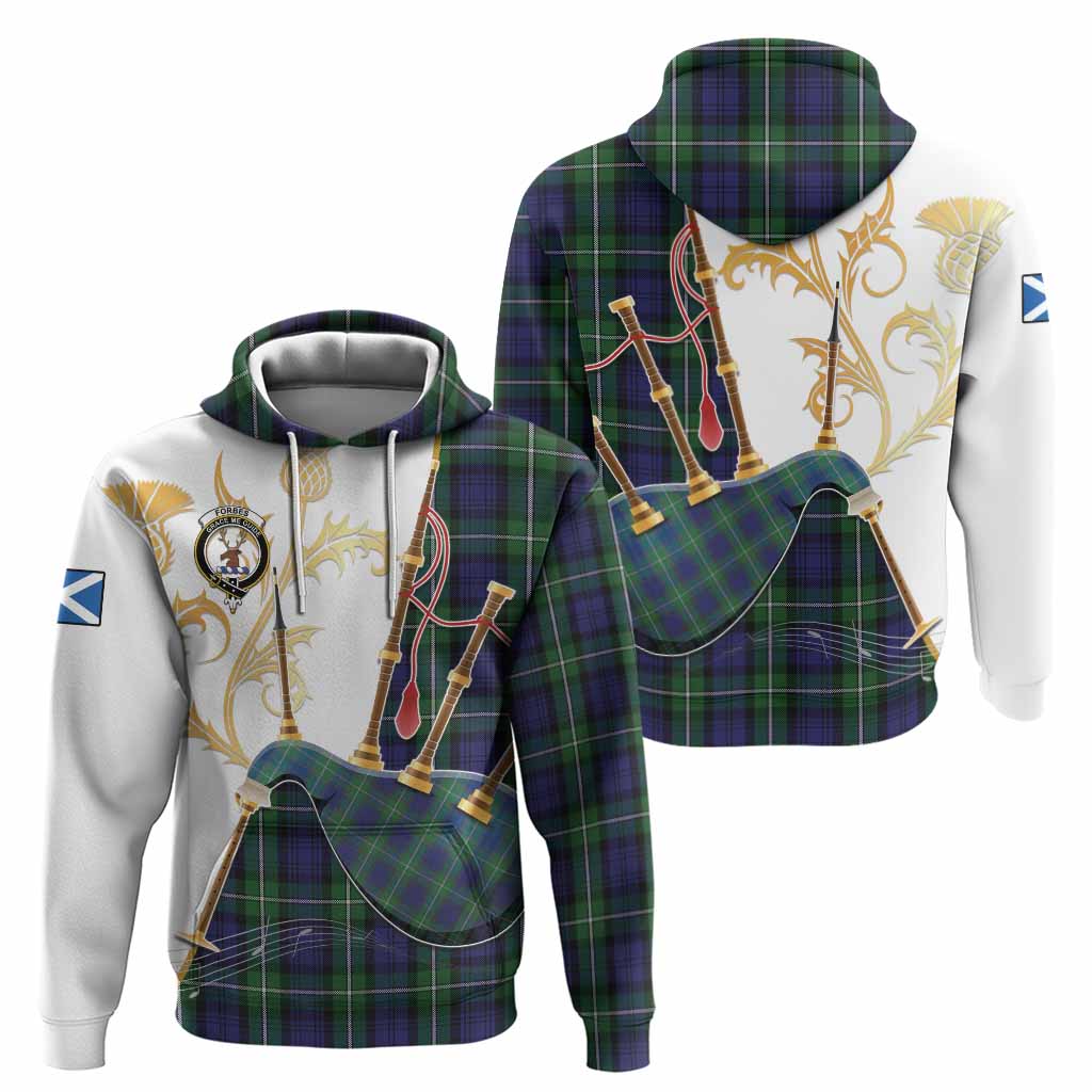 Forbes Tartan Family Crest Hoodie Bagpipes with Scottish Thistle
