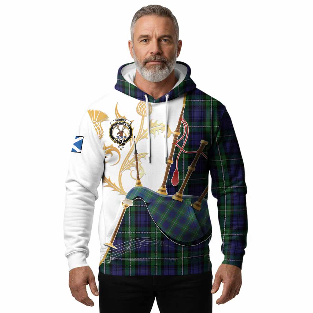 Forbes Tartan Family Crest Hoodie Bagpipes with Scottish Thistle