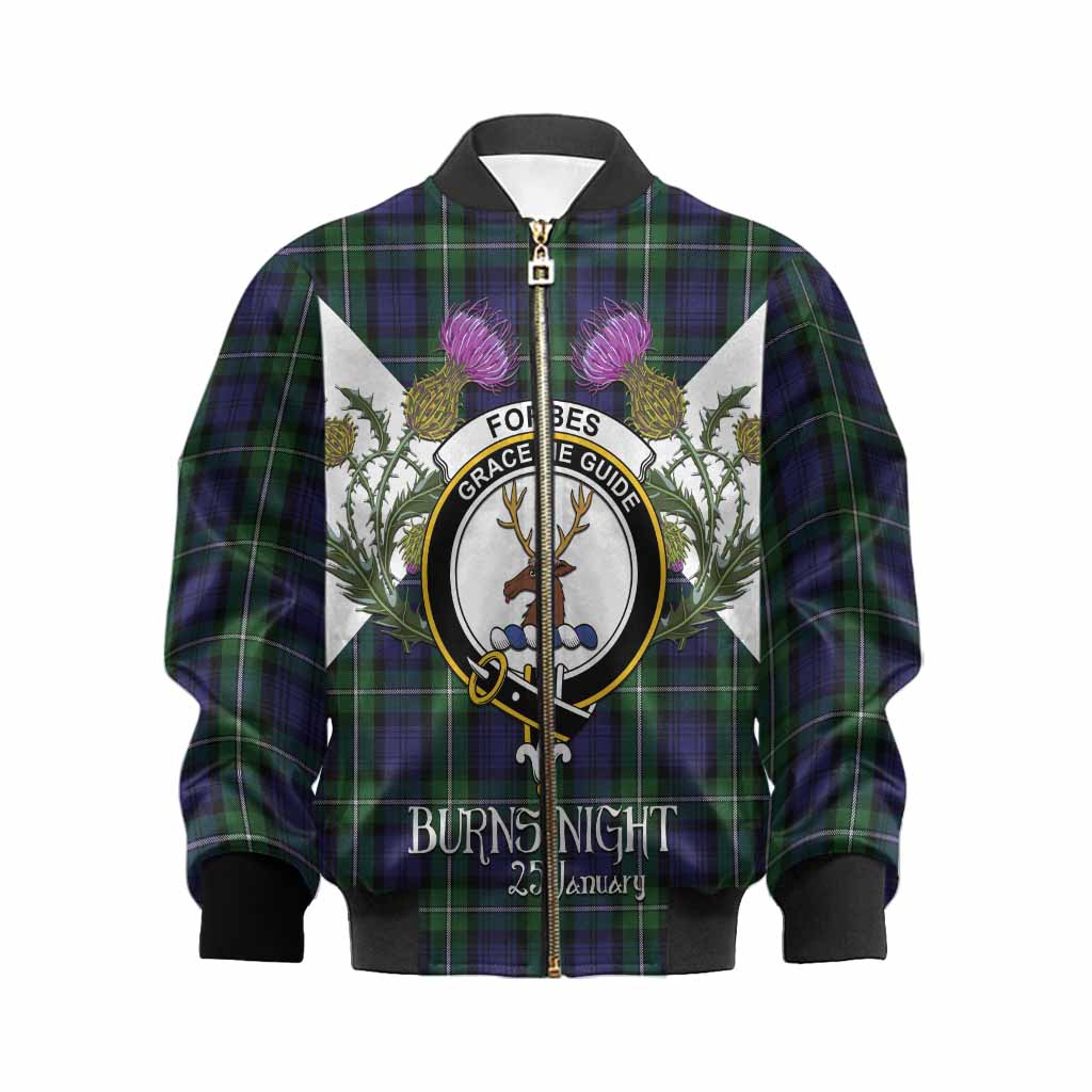 Forbes Tartan Family Crest Kid Bomber Jacket Scottish Burns Night Thistle Floral