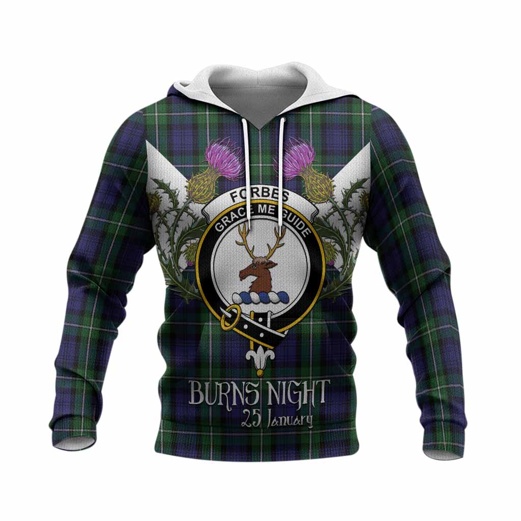 Forbes Tartan Family Crest Knitted Hoodie Scottish Burns Night Thistle Floral