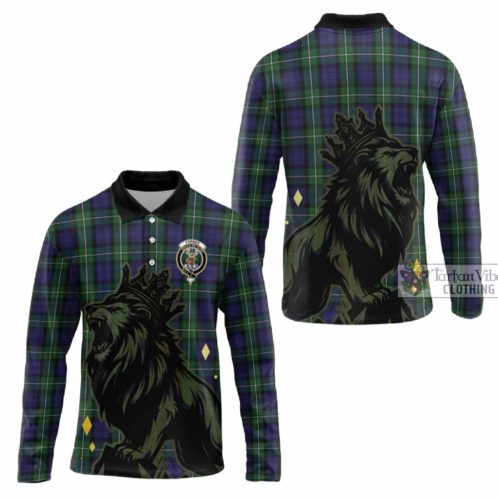 Forbes Tartan Family Crest Long Sleeve Polo Shirt Crowned Lion Roaring