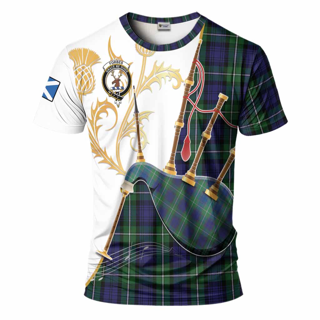 Forbes Tartan Family Crest T-Shirt Bagpipes with Scottish Thistle