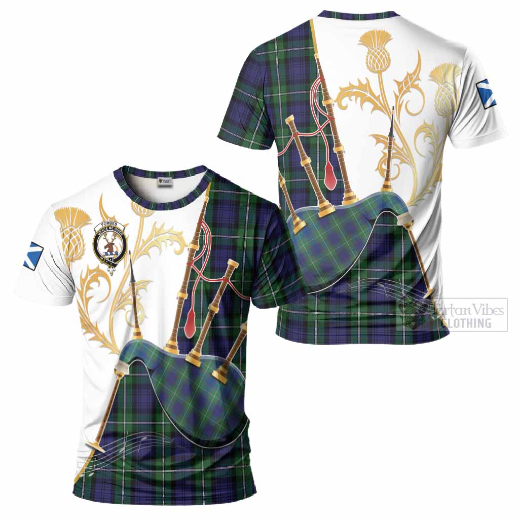 Forbes Tartan Family Crest T-Shirt Bagpipes with Scottish Thistle