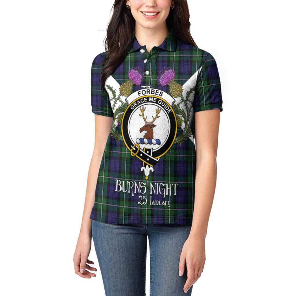 Forbes Tartan Family Crest Women Polo Shirt Scottish Burns Night Thistle Floral