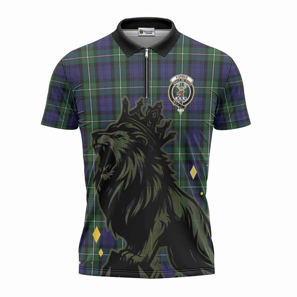 Forbes Tartan Family Crest Zipper Polo Shirt Crowned Lion Roaring