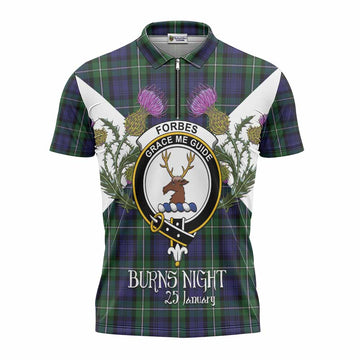 Forbes Tartan Family Crest Zipper Polo Shirt Scottish Burns Night Thistle Floral