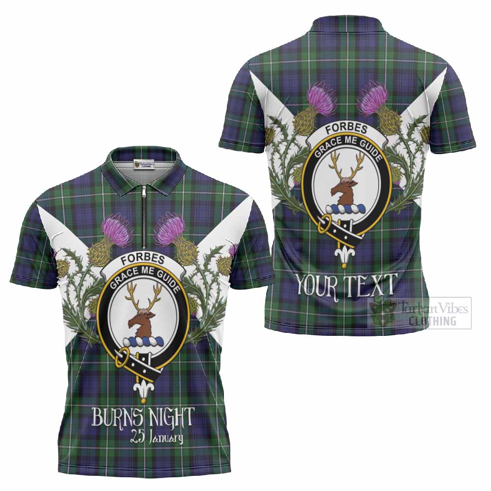 Forbes Tartan Family Crest Zipper Polo Shirt Scottish Burns Night Thistle Floral