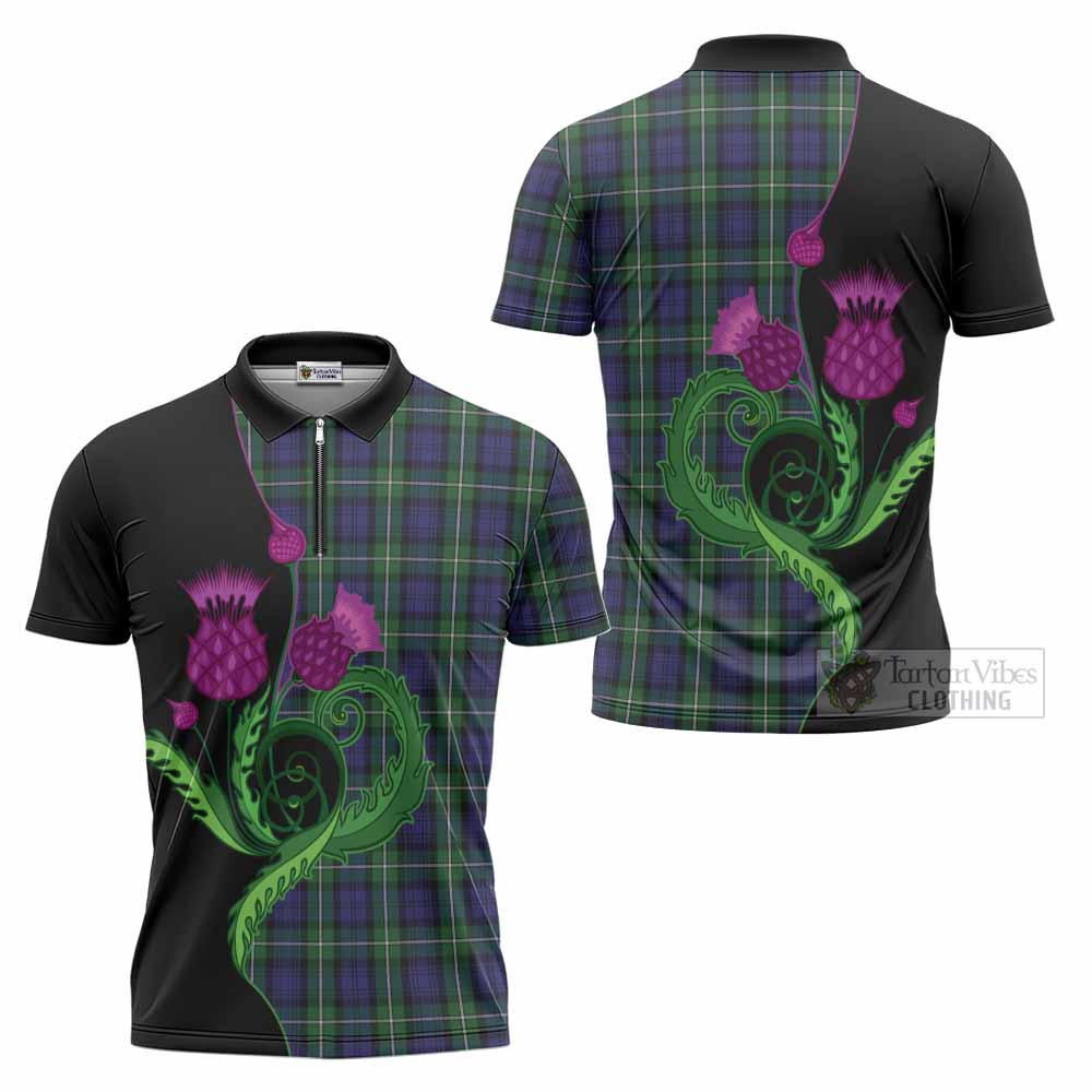 Forbes Tartan Zipper Polo Shirt Traditional Scottish Thistle
