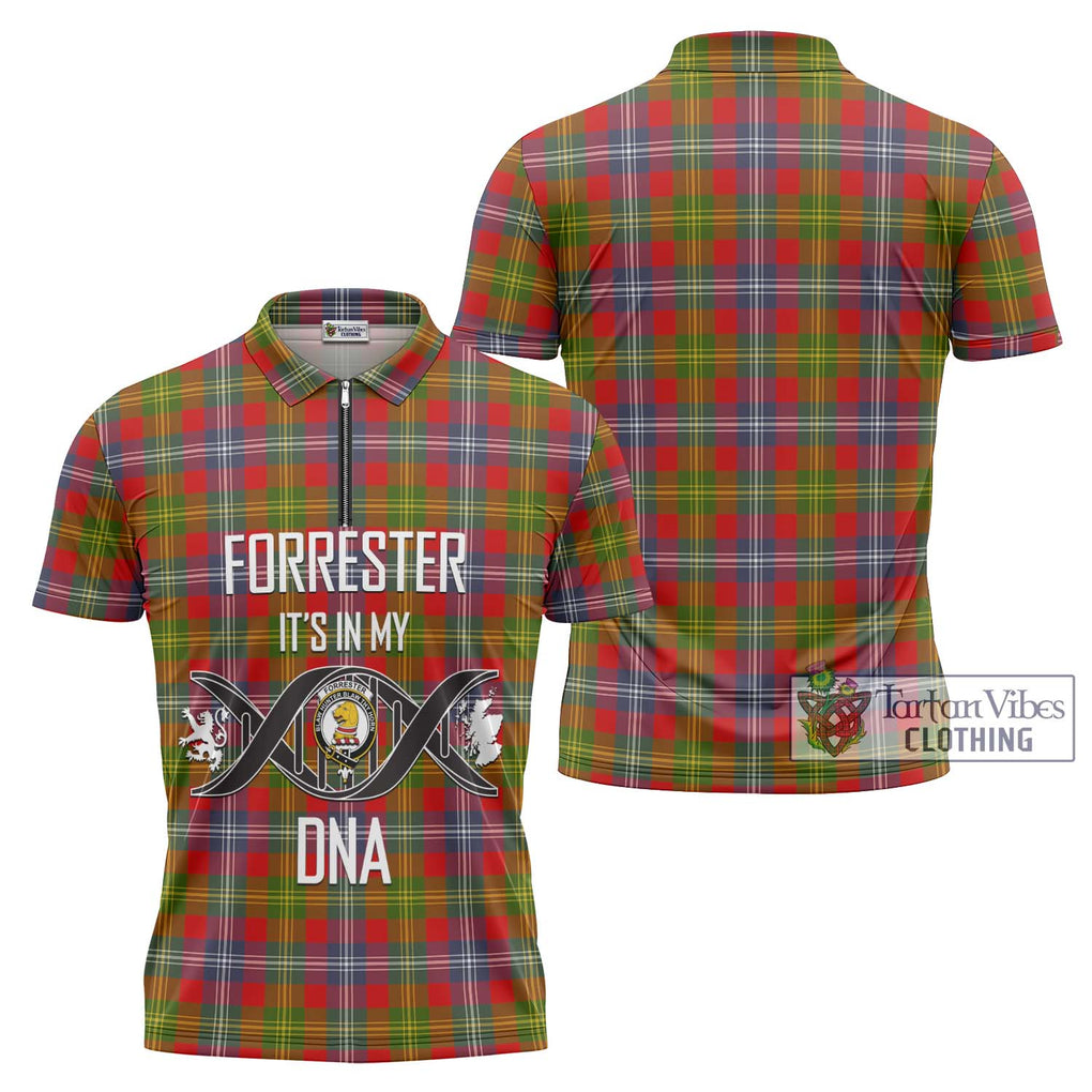 Forrester (Foster) Tartan Zipper Polo Shirt with Family Crest DNA In Me Style Unisex - Tartanvibesclothing Shop