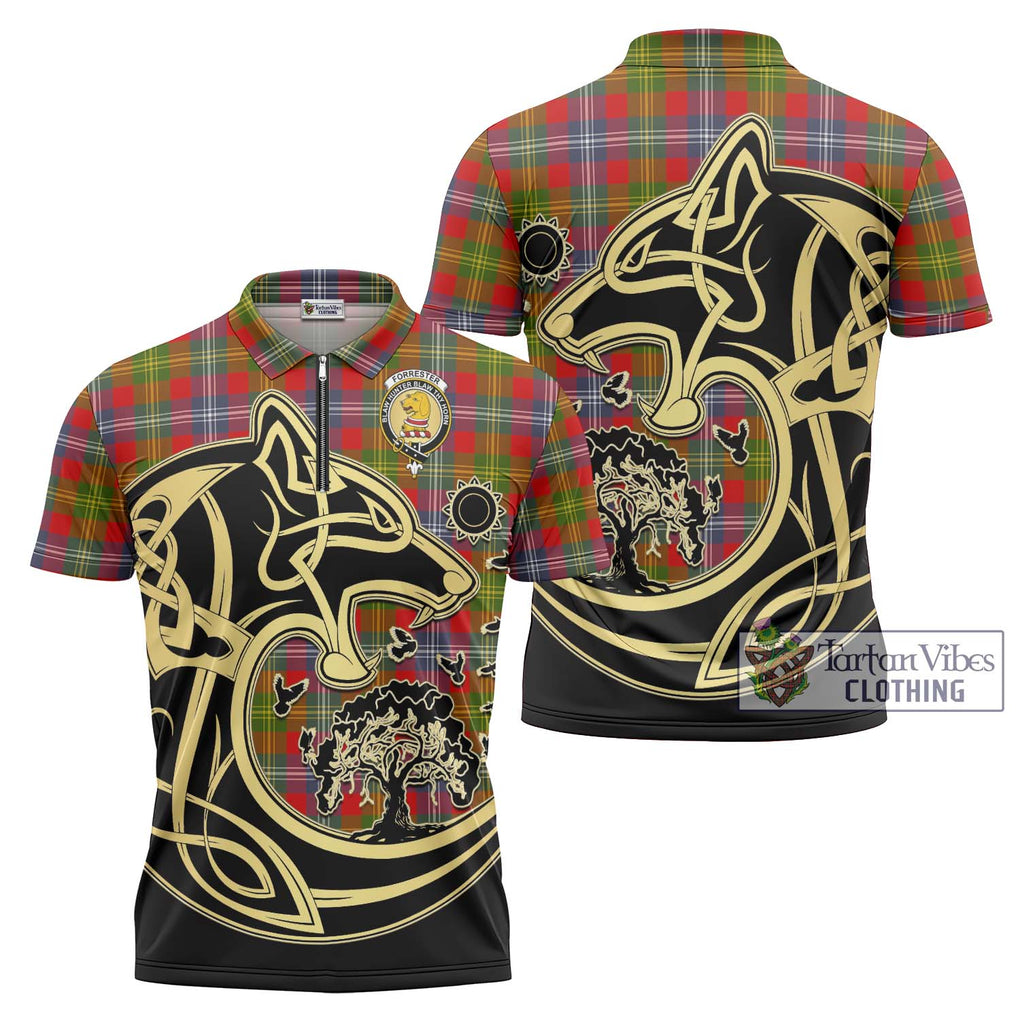 Forrester (Foster) Tartan Zipper Polo Shirt with Family Crest Celtic Wolf Style Unisex - Tartan Vibes Clothing