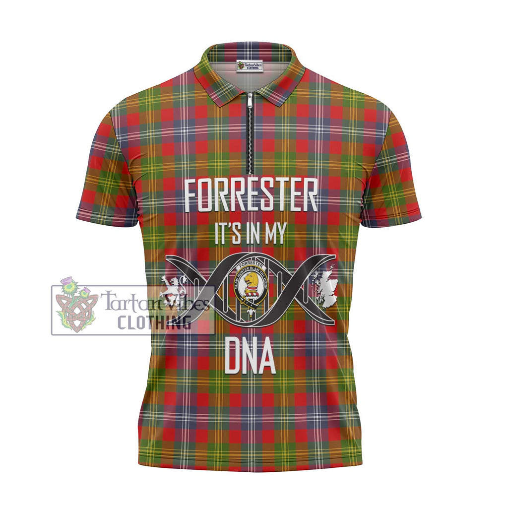 Forrester (Foster) Tartan Zipper Polo Shirt with Family Crest DNA In Me Style - Tartanvibesclothing Shop