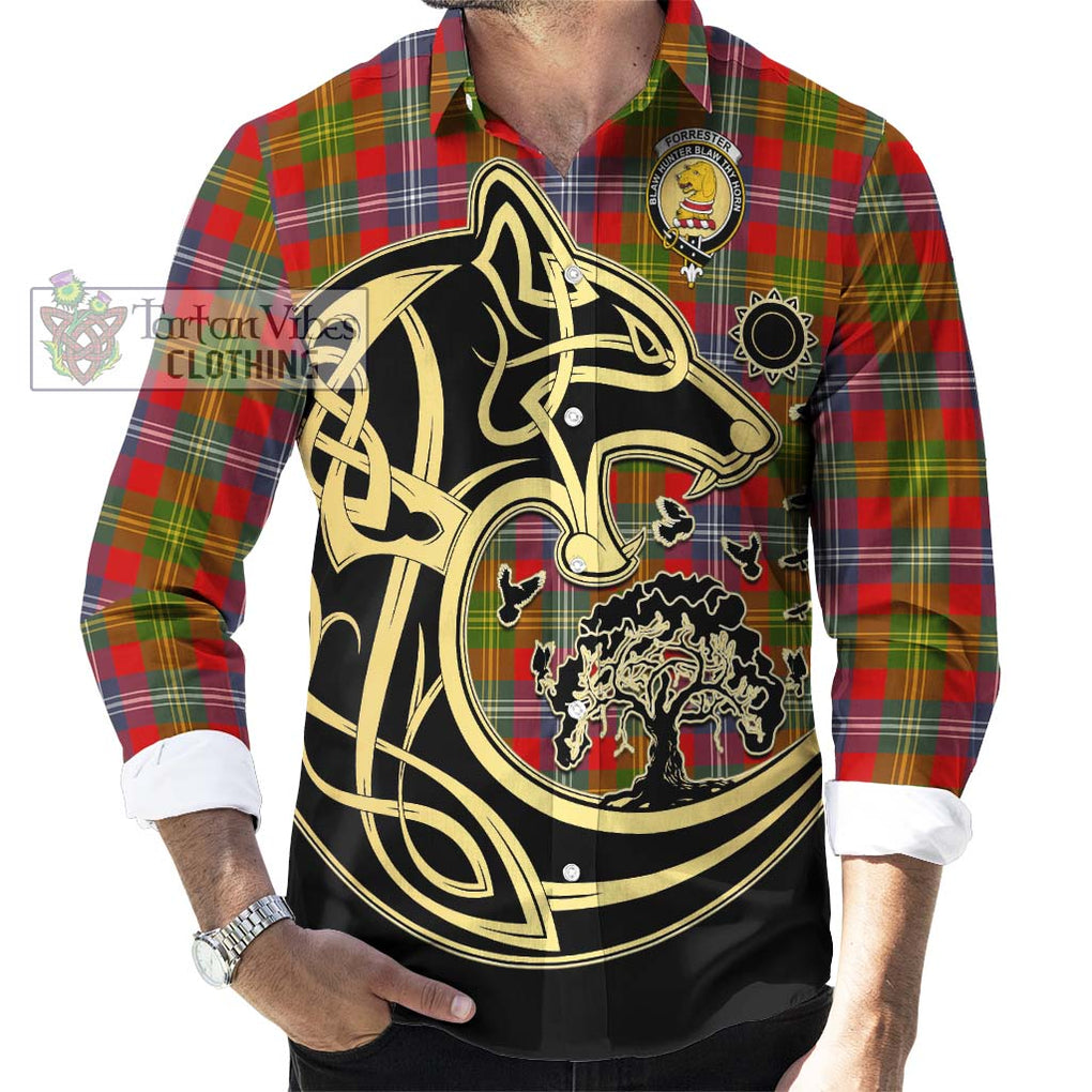 Forrester (Foster) Tartan Long Sleeve Button Shirt with Family Crest Celtic Wolf Style - Tartan Vibes Clothing