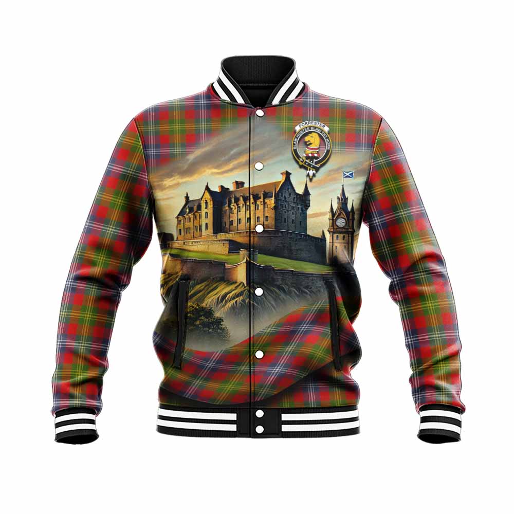Tartan Vibes Clothing Forrester (Foster) Tartan Family Crest Baseball Jacket with Scottish Ancient Castle Style