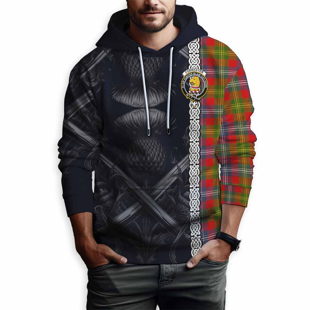 Tartan Vibes Clothing Forrester (Foster) Tartan Hoodie with Family Crest Cross Sword Thistle Celtic Vibes
