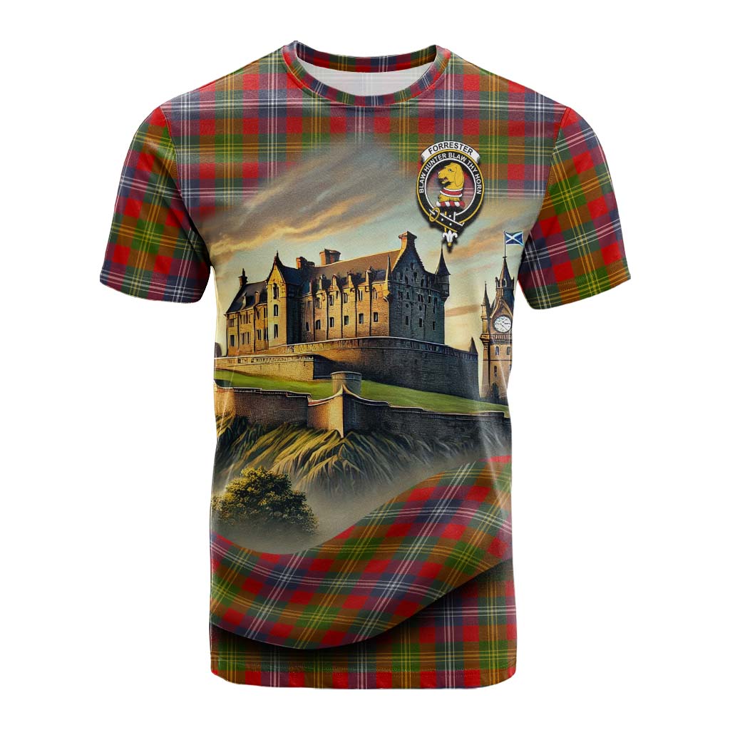 Tartan Vibes Clothing Forrester (Foster) Tartan Family Crest Cotton T-shirt with Scottish Ancient Castle Style