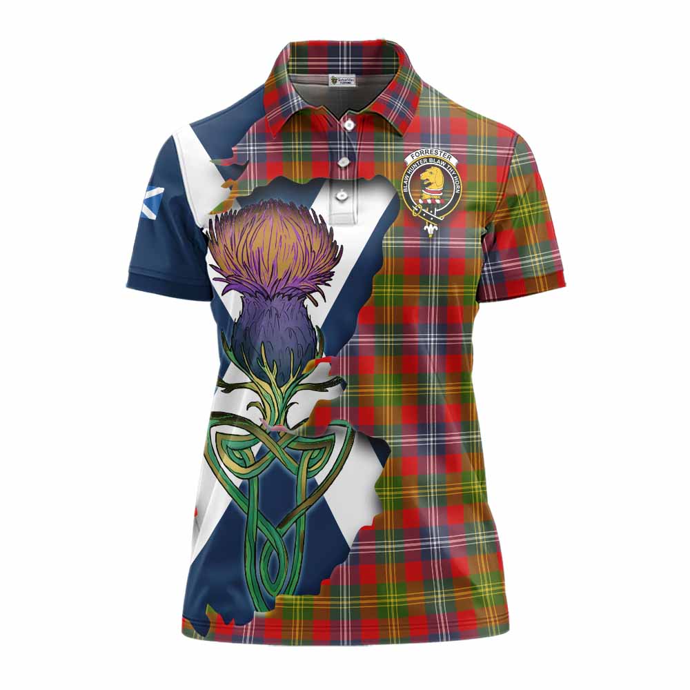 Tartan Vibes Clothing Forrester (Foster) Tartan Family Crest Women's Polo Shirt Scottish Thistle Celtic Inspired