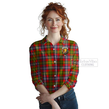 Tartan Vibes Clothing Forrester (Foster) Tartan Women's Casual Shirt with Family Crest and Bearded Skull Holding Bottles of Whiskey