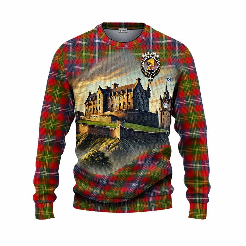Tartan Vibes Clothing Forrester (Foster) Tartan Family Crest Knitted Sweater with Scottish Ancient Castle Style