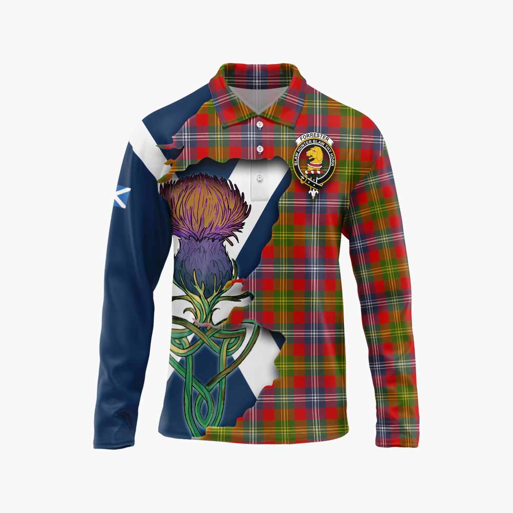 Tartan Vibes Clothing Forrester (Foster) Tartan Family Crest Long Sleeve Polo Shirt Scottish Thistle Celtic Inspired