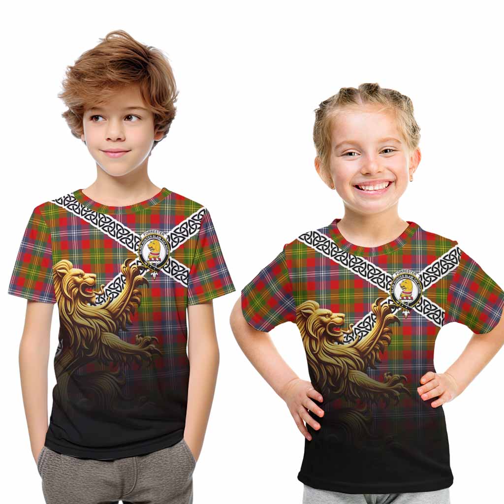 Tartan Vibes Clothing Forrester (Foster) Crest Tartan Kid T-Shirt with Golden Lion Emblem Celtic Style