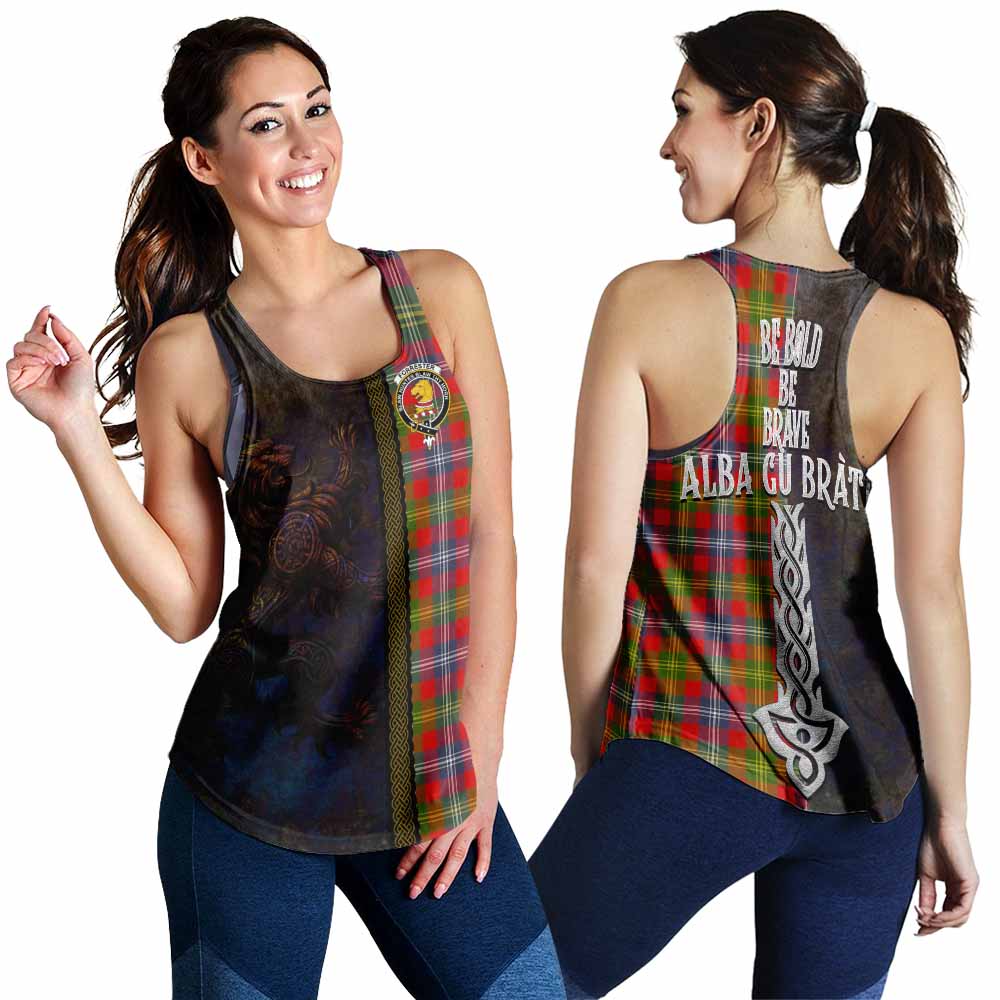 Tartan Vibes Clothing Forrester (Foster) Tartan Family Crest Women's Racerback Tanks Alba Gu Brath Be Brave Lion Ancient Style