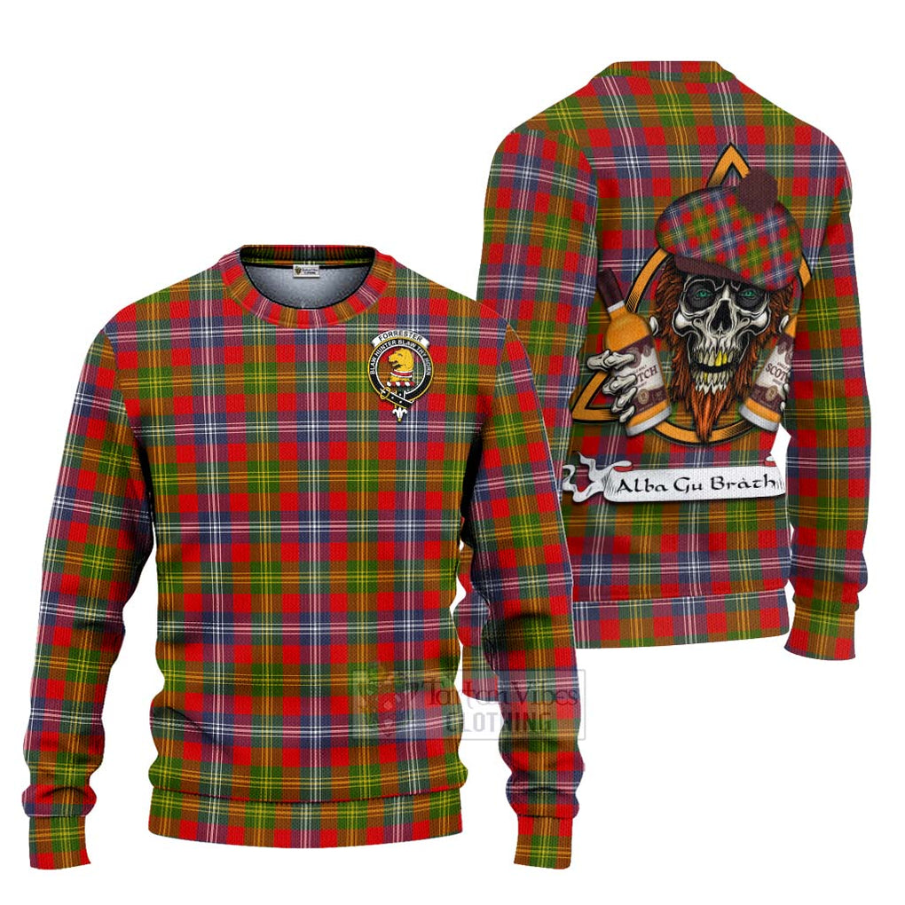 Tartan Vibes Clothing Forrester (Foster) Tartan Knitted Sweater with Family Crest and Bearded Skull Holding Bottles of Whiskey