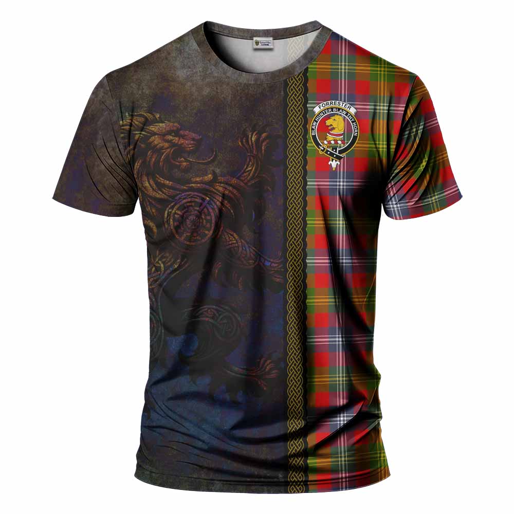 Tartan Vibes Clothing Forrester (Foster) Tartan Family Crest T-Shirt Alba Gu Brath Be Brave Lion Ancient Style