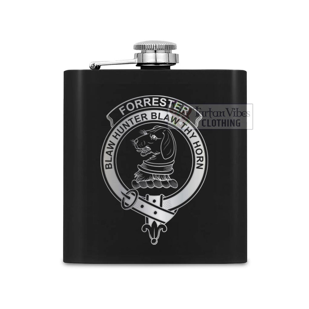 Tartan Vibes Clothing Forrester (Foster) Crest Hip Flask Set 7oz Black Stainless Steel with A Gift Box