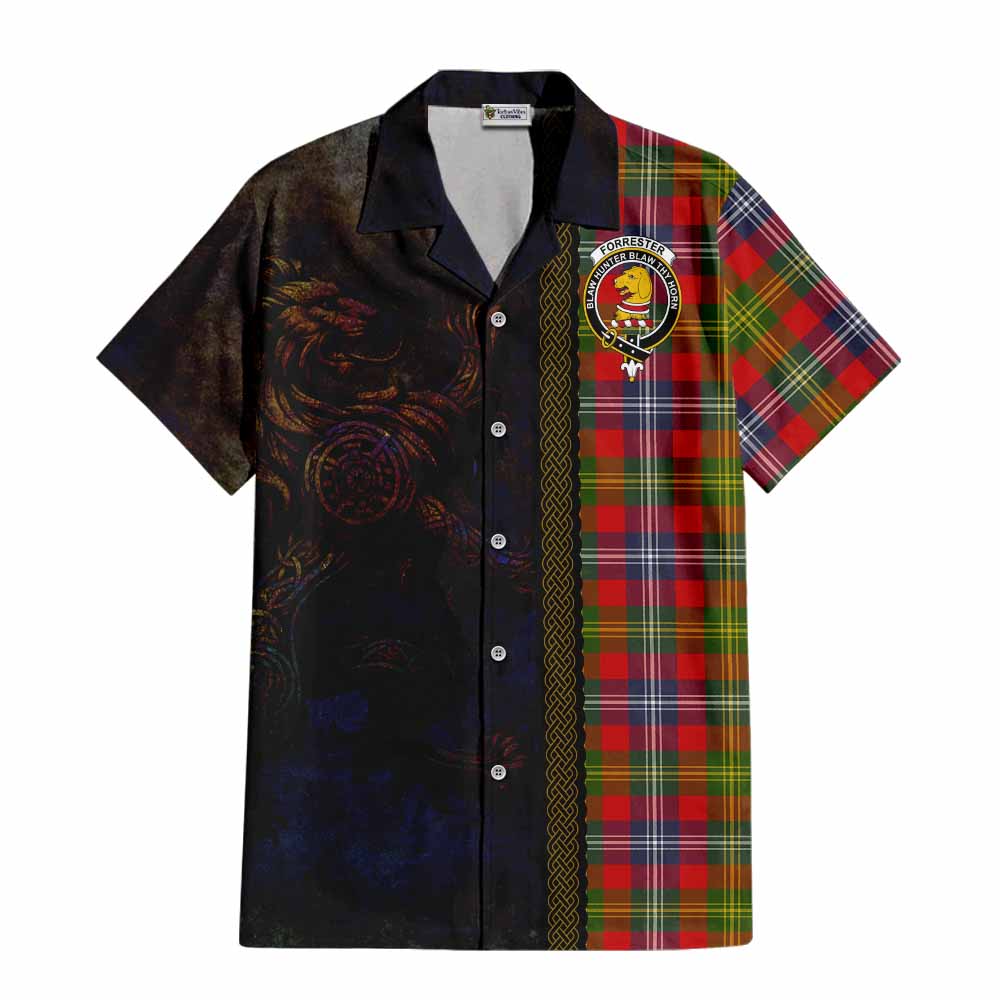 Tartan Vibes Clothing Forrester (Foster) Tartan Family Crest Short Sleeve Button Shirt Alba Gu Brath Be Brave Lion Ancient Style