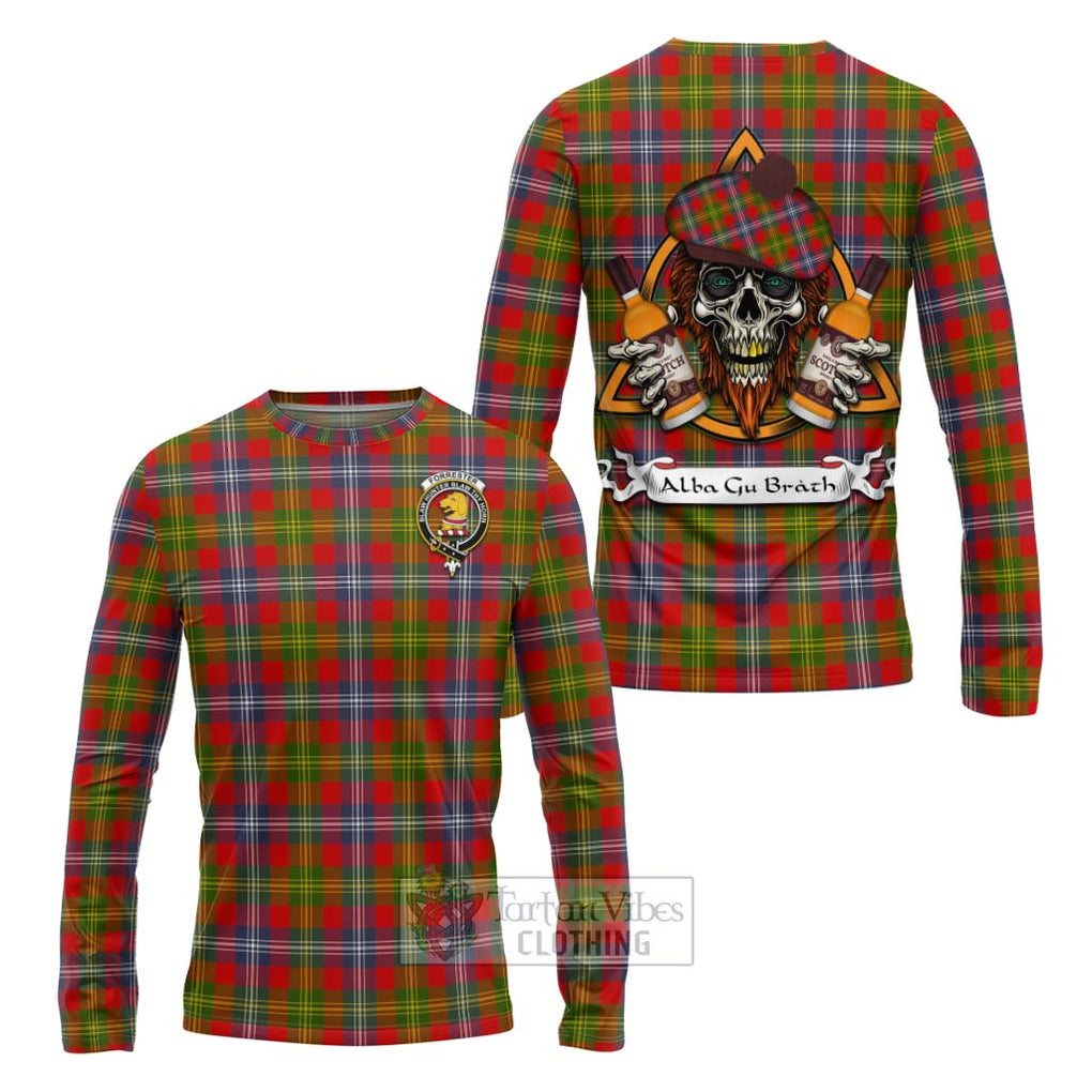 Tartan Vibes Clothing Forrester (Foster) Tartan Long Sleeve T-Shirt with Family Crest and Bearded Skull Holding Bottles of Whiskey
