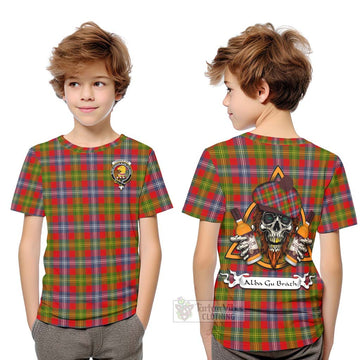 Tartan Vibes Clothing Forrester (Foster) Tartan Kid T-Shirt with Family Crest and Bearded Skull Holding Bottles of Whiskey