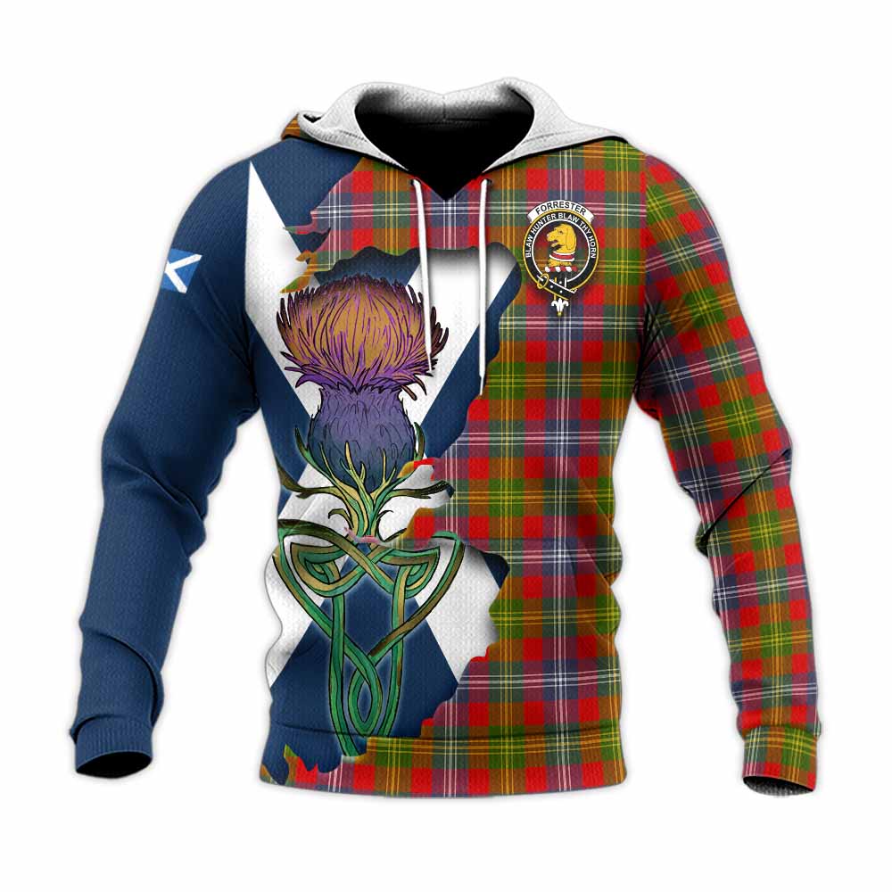Tartan Vibes Clothing Forrester (Foster) Tartan Family Crest Knitted Hoodie Scottish Thistle Celtic Inspired